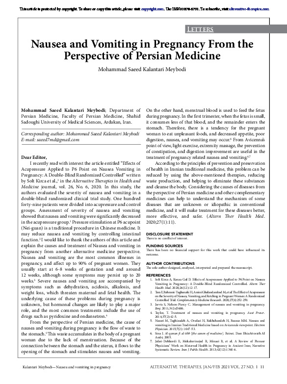 Nausea and Vomiting in Pregnancy From the Perspective of Persian Medicine